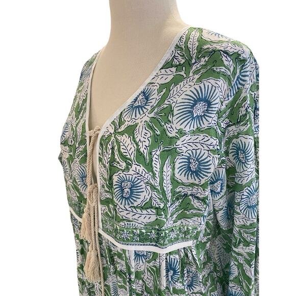 Size XL Karni Cotton Green And Blue Floral Printed Boho Maxi Dress - Picture 3 of 8